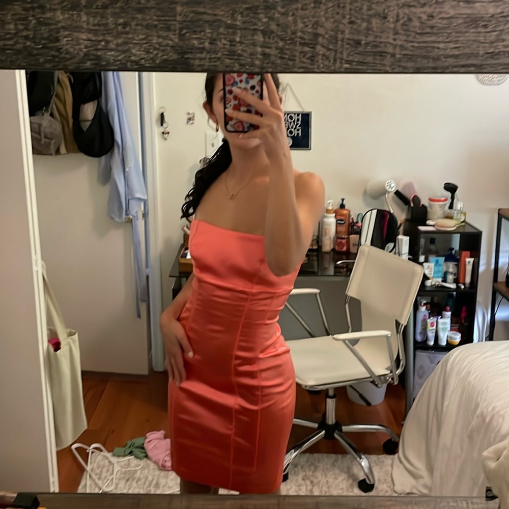 Bebe Strapless Coral Midi Dress in Size Small